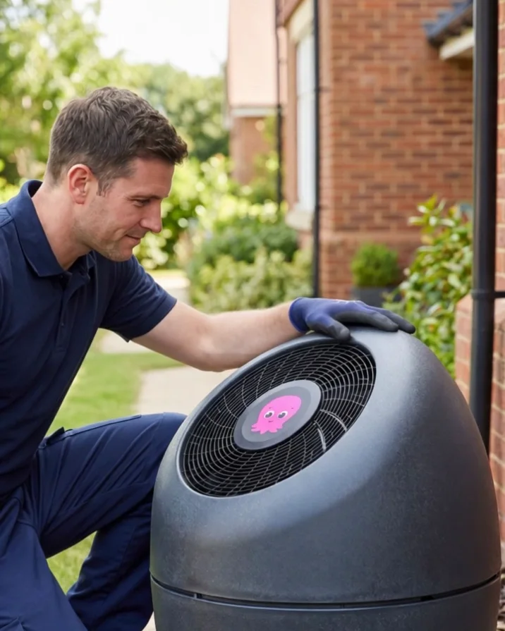 An installer checking a heat pump, from an Impact Energy film