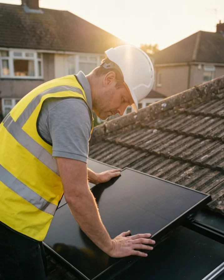 An installer fitting a solar panel at golden hour, from a Utilita film